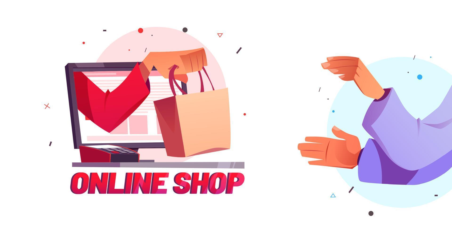 online shop cartoon poster hand geben einkaufstasche vektor