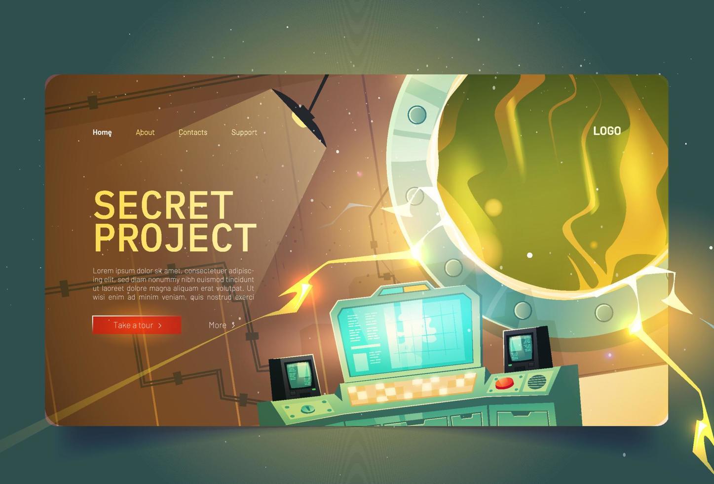 hemlighet projekt tecknad serie landning, vetenskaplig bunkra vektor