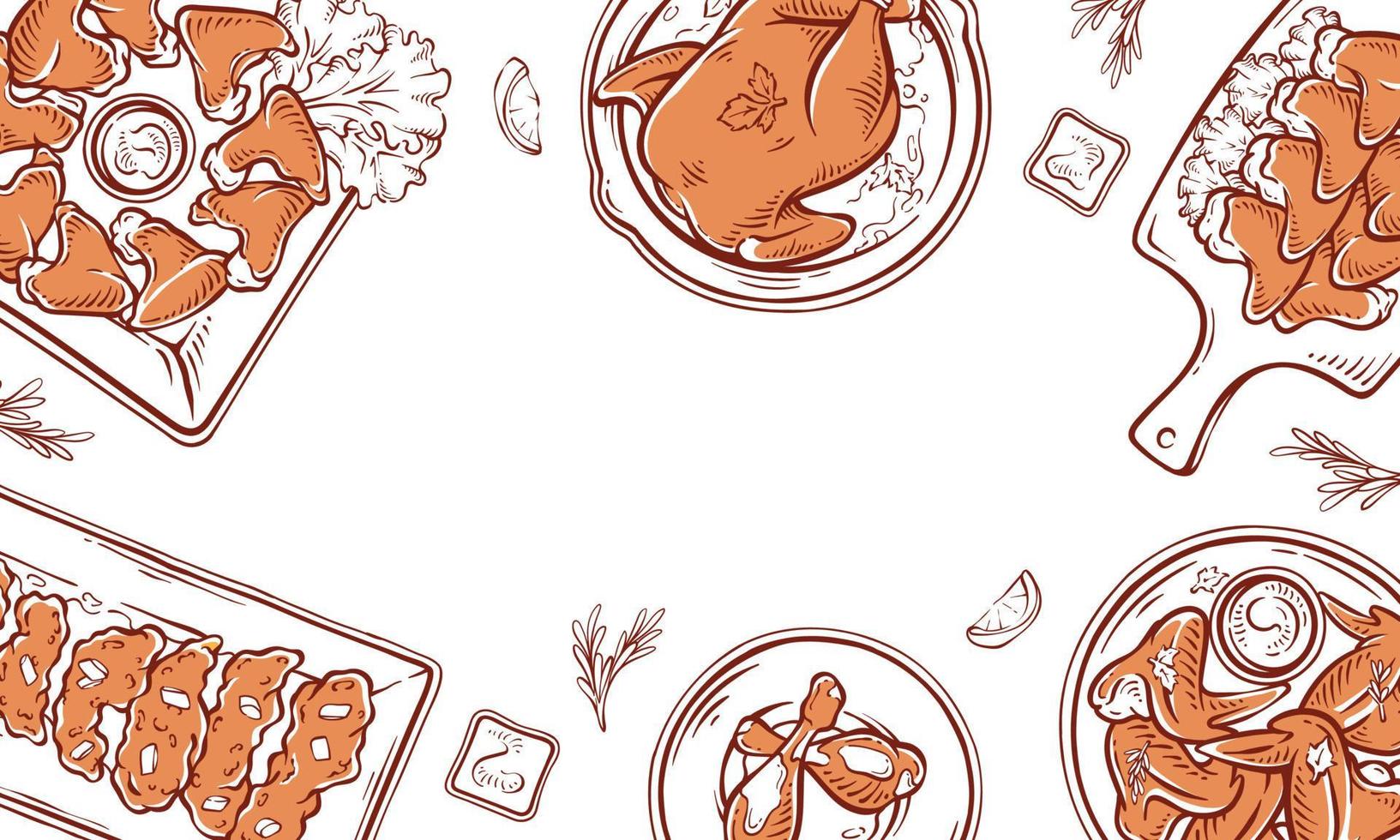 hähnchengericht restaurantmenü draufsicht hintergrundrahmen. handgezeichneter hühnerfutter-illustrationssatz. Hühnerzeichnung mit Saucen, Zitronenscheiben und Kräutervektordesign. vektor