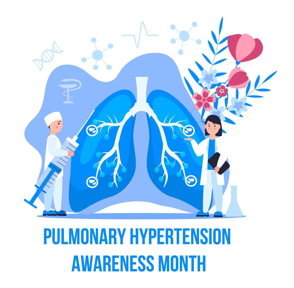 im november wird der bewusstseinsmonat für pulmonale hypertonie gefeiert. lungenfibrose, tuberkuloseillustration für website, app, banner. Kleine Ärzte behandeln vektor