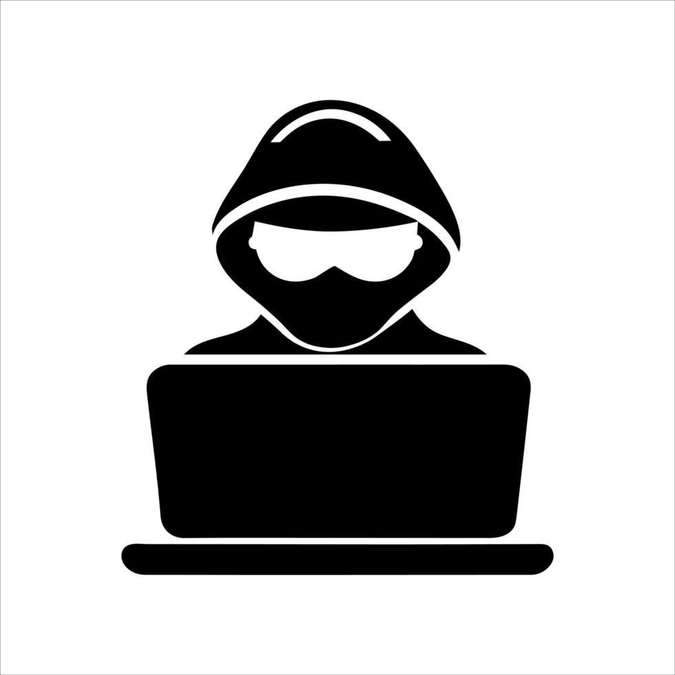 Piktogramm-Hacker. Logo der Cybersicherheit. mann, der an einem computersicherheitssymbol arbeitet. vektor