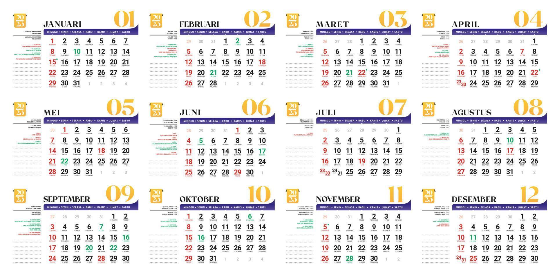 vektor illustration av 2023 kalender hijri och javanese begrepp för kontor planerare, företags- design planerare mall. händelse kalender koncept, minimal projekt katalog, redo till utskrift