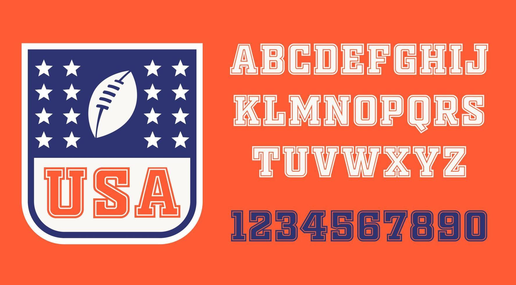 alfabet för amerikan sport kläder. tal och brev i huvudstad USA stil. vektor