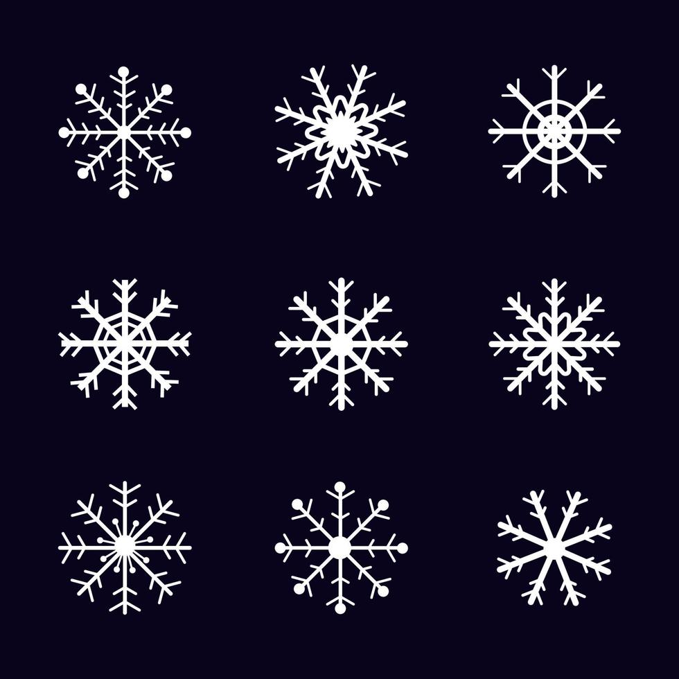 uppsättning hand dragen vit snö flaga på svart bakgrund för ornament, ikoner, eller dekoration. vinter- tapet. platt vektor design.