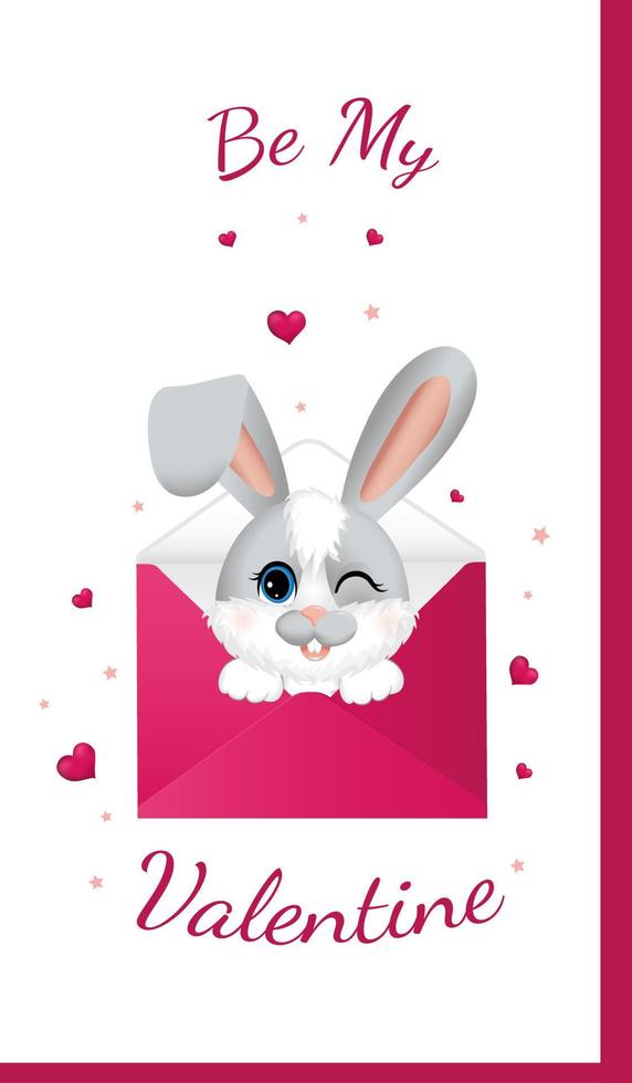 fröhlichen Valentinstag. grußpostkarte mit rosa herzen und kleinem kaninchen oder hase, zwinkert aus dem umschlag. vektor