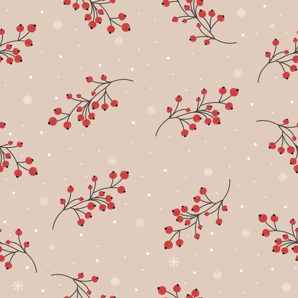 sömlös mönster med rönnbär, röd bär och snöflingor på beige bakgrund. för utskrift på papper, vykort, tyger. ny år, jul mönster vektor