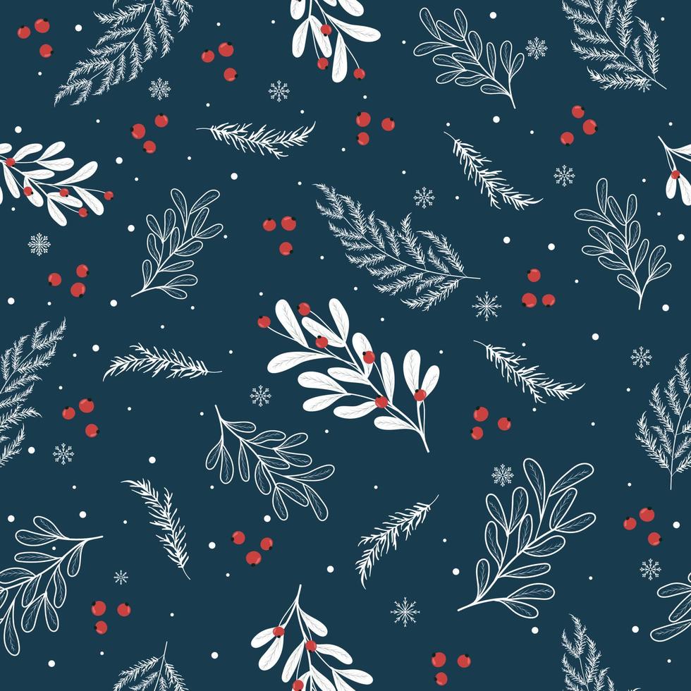 vinter- sömlös mönster med röd bär och snötäckt grenar på blå bakgrund. för vykort, gåva papper utskrift, textilier. vektor