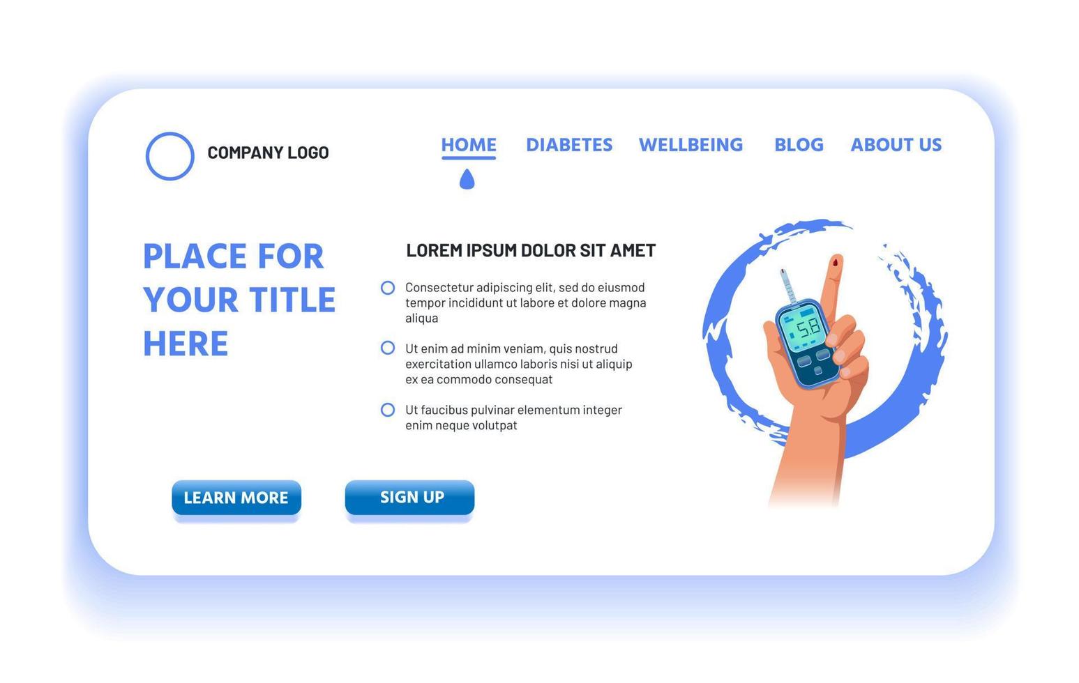 landning sida eller app för diabetes medvetenhet. blod glukos nivå testning symbol, hand i grungy blå cirkel, med blod släppa på pekfinger, innehav glukometer med resultat på skärm. sjukvård begrepp vektor
