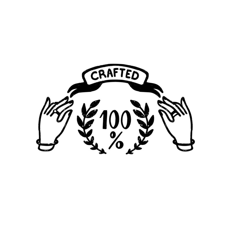 100 procent vektor logotyp - en årgång handgjort bricka med händer och band i stämpel stil. årgång vektor illustration.