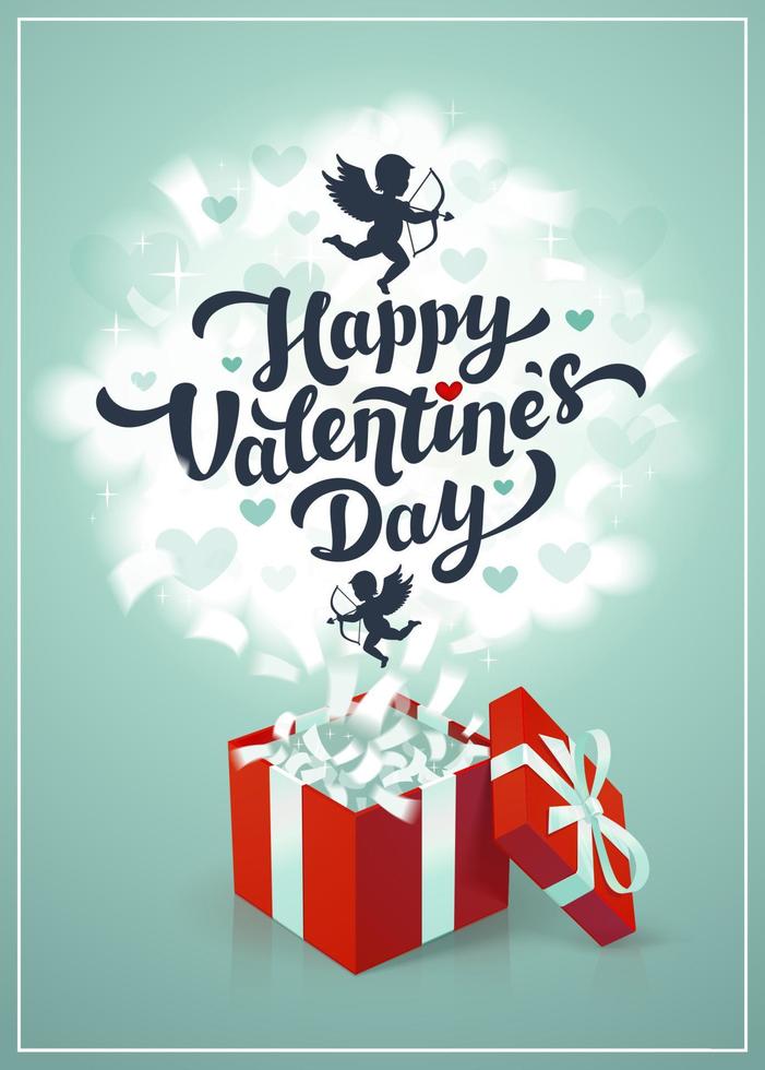 Happy Valentine s Day Greeting Card - Love Day Vector Card oder Poster mit roter Geschenkbox und Amoretten in den Wolken. Vektor-Illustration.
