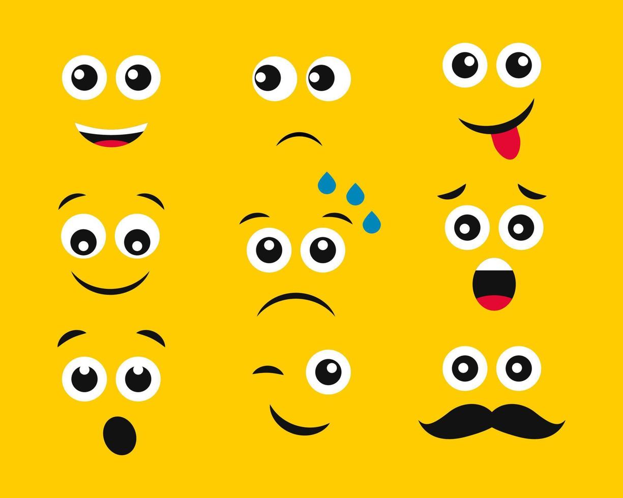 tecknad serie ansikten med känslor på gul bakgrund. uppsättning av nio annorlunda uttryckssymboler. vektor illustration