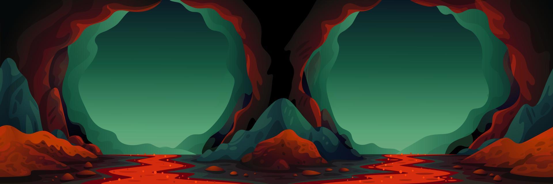 Höhle - Vektor nahtloser Hintergrund. Höhlenlandschaft mit einem unterirdischen Lavafluss in grünlich-blauen Farben. vektorillustration im flachen karikaturstil.