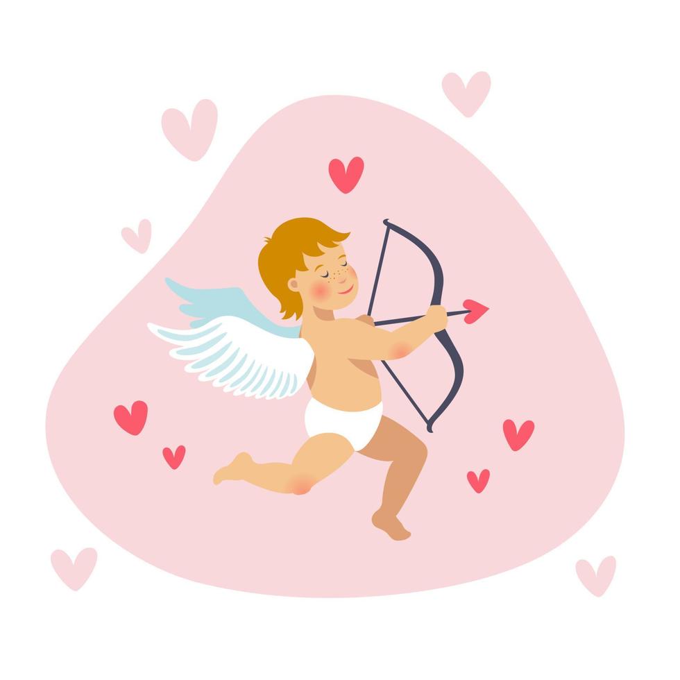 cupid eller ängel med rosett och pil. vektor söt cupid för valentine s dag. tecknad serie platt stil vektor illustration.