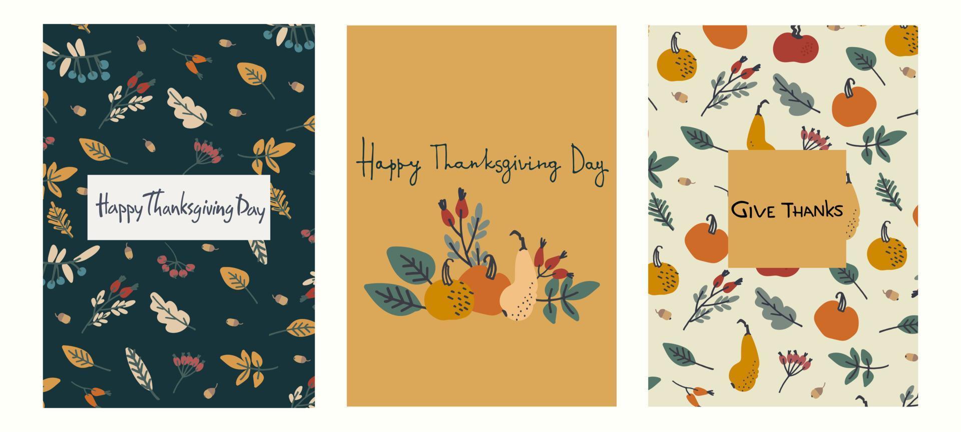 Happy Thanksgiving-Karten-Set-Design. handbeschrifteter Grußsatz, Dekoration mit Kürbissen, Blättern, Beeren, Eicheln auf hellblauem Hintergrund vektor