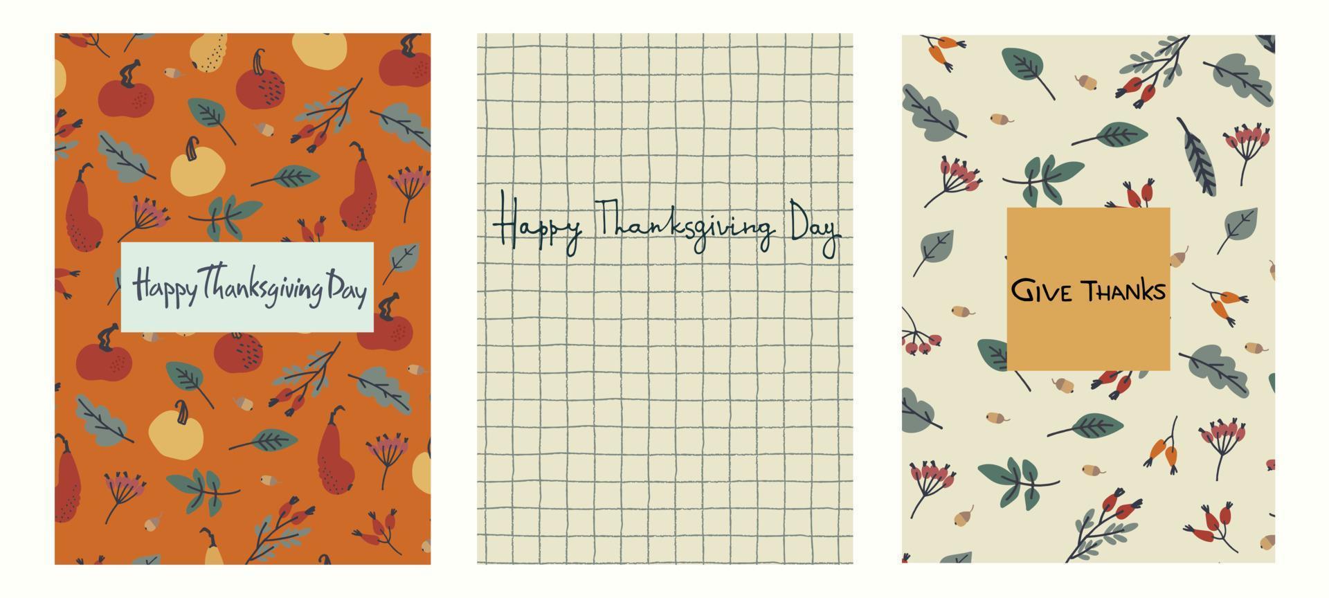 Happy Thanksgiving-Karten-Set-Design. handbeschrifteter Grußsatz, Dekoration mit Kürbissen, Blättern, Beeren, Eicheln auf hellblauem Hintergrund vektor