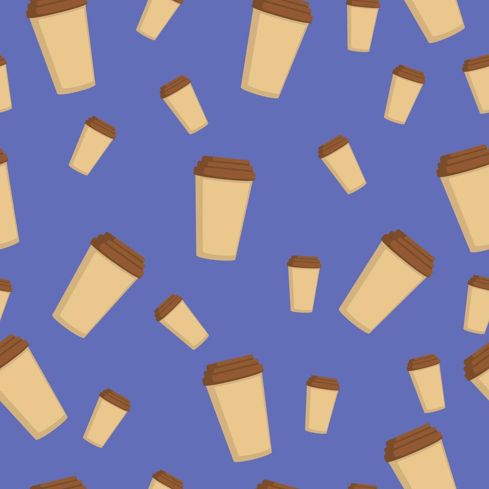 Nahtlose Patern mit einer Tasse Kaffee auf blauem Hintergrund. Illustration eines heißen Getränks in einem Papierbecher. vektor