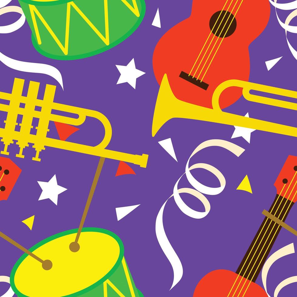 sömlös mönster med karneval element. ukulele, musikalisk trumpet, trumma, serpentin. vektor illustration.