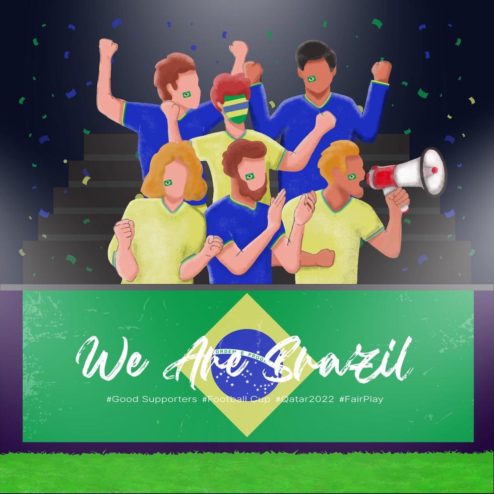 grupp av Brasilien fotboll supportrar fläktar är glädjande och Stöd deras team seger i qatar 2022 vektor