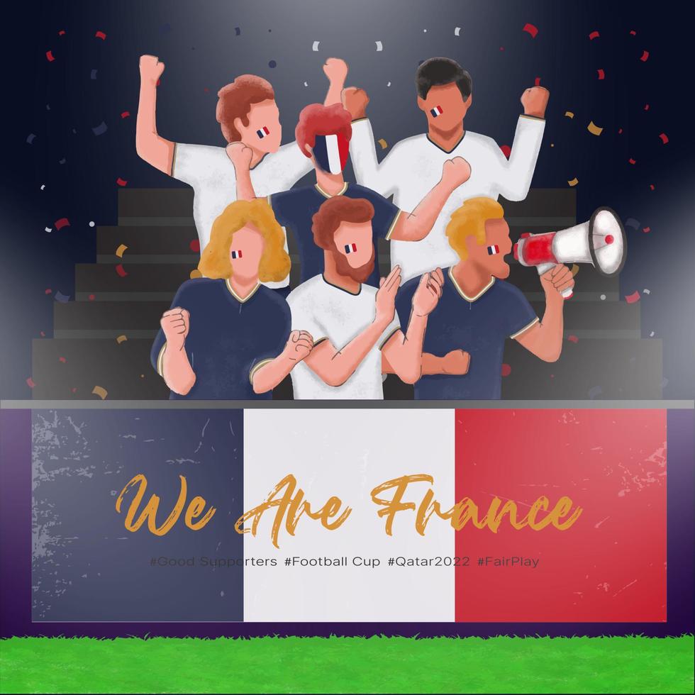 grupp av Frankrike fotboll supportrar fläktar är glädjande och Stöd deras team seger i qatar 2022 vektor