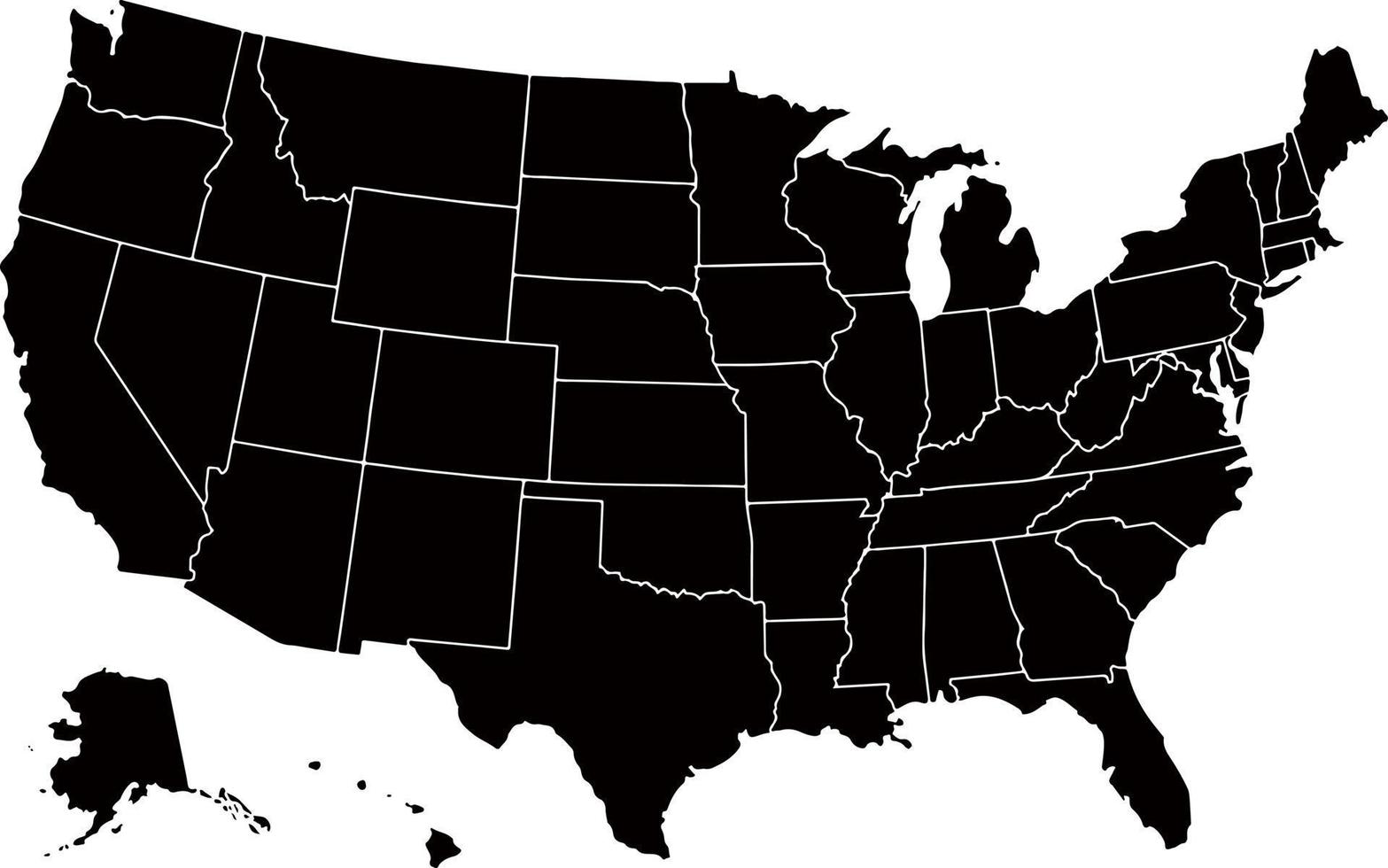 schwarz gefärbte Karte der Vereinigten Staaten von Amerika. politische usa-karte. vektor