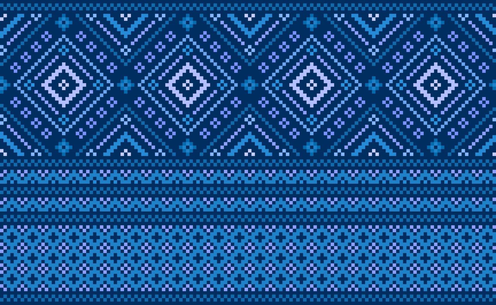 ethnisches Stickereimuster, vektorgeometrischer Ikat-Hintergrund, Kreuzstich-Folk-Boho-Stil, blaues Muster nordisch repetitiv, Design für Textilien, Stoffe, Vorhänge, Kaftan, Wandteppiche vektor