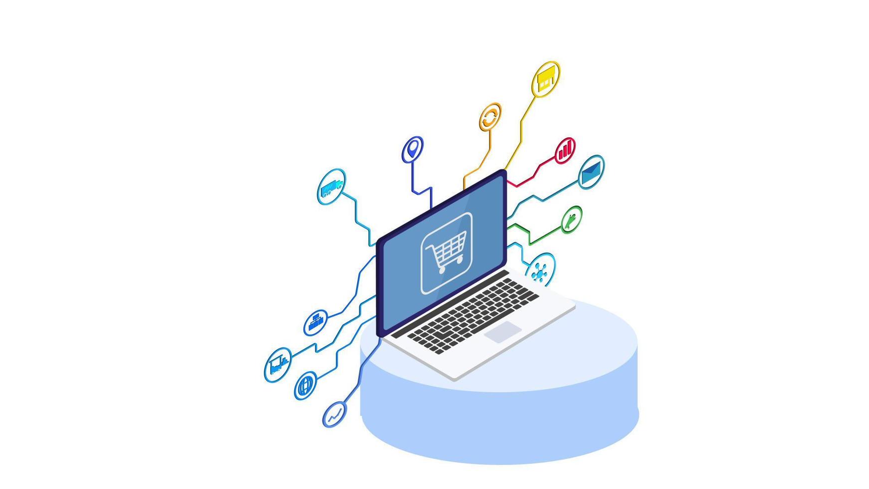 digital marknadsföring kampanj, seo optimering modern isometrisk linje illustration. företag skiss dragen ikon med bärbar dator och infographic element. 3d isometrisk platt design. webb vektor