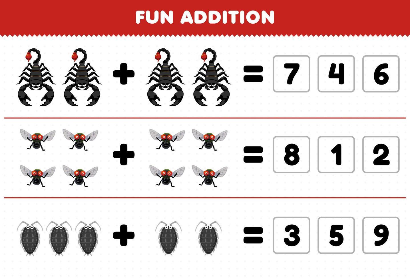 utbildning spel för barn roligt tillägg förbi gissa de korrekt siffra av söt tecknad serie scorpion flyga lus tryckbar insekt kalkylblad vektor