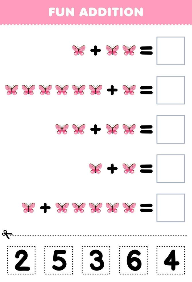 Lernspiel für Kinder, lustiges Hinzufügen durch Ausschneiden und Anpassen der richtigen Nummer für niedliches Cartoon-Schmetterlings-Druckbares Fehler-Arbeitsblatt vektor