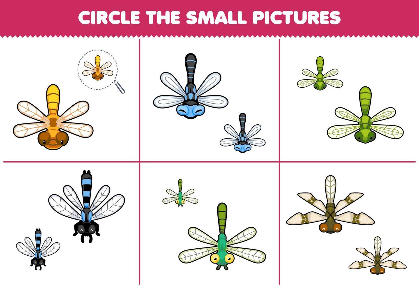 Bildungsspiel für Kinder Wählen Sie das kleine Bild des druckbaren Fehler-Arbeitsblatts der niedlichen Cartoon-Libelle vektor