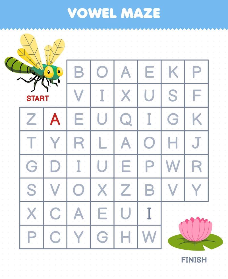 Lernspiel für Kinder Vokallabyrinth Hilf der niedlichen Cartoon-Libelle, sich zu einem druckbaren Fehler-Arbeitsblatt mit Blumen zu bewegen vektor