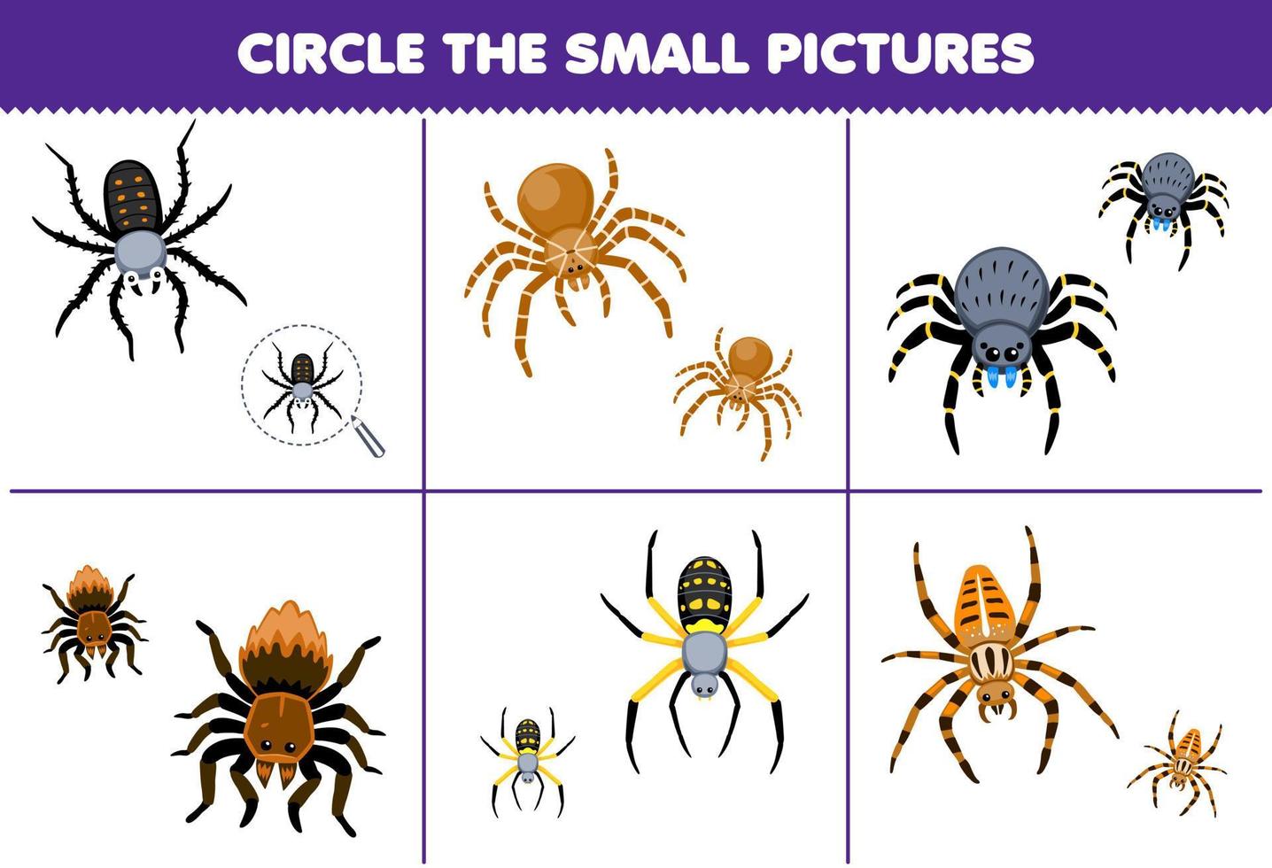 Bildungsspiel für Kinder Wählen Sie das kleine Bild des druckbaren Käfer-Arbeitsblatts der niedlichen Cartoon-Spinne vektor