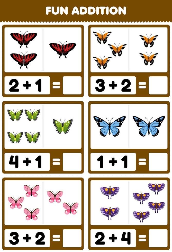 utbildning spel för barn roligt tillägg förbi räkning och belopp av söt tecknad serie fjäril tryckbar insekt kalkylblad vektor