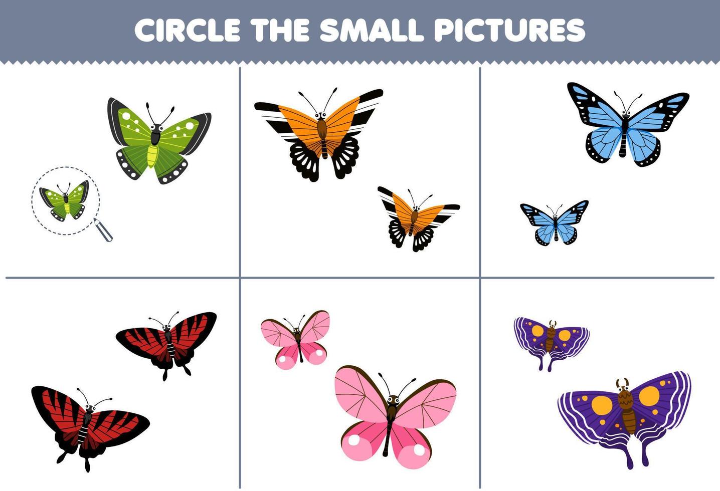 Bildungsspiel für Kinder Wählen Sie das kleine Bild des druckbaren Käfer-Arbeitsblatts des niedlichen Cartoon-Schmetterlings vektor