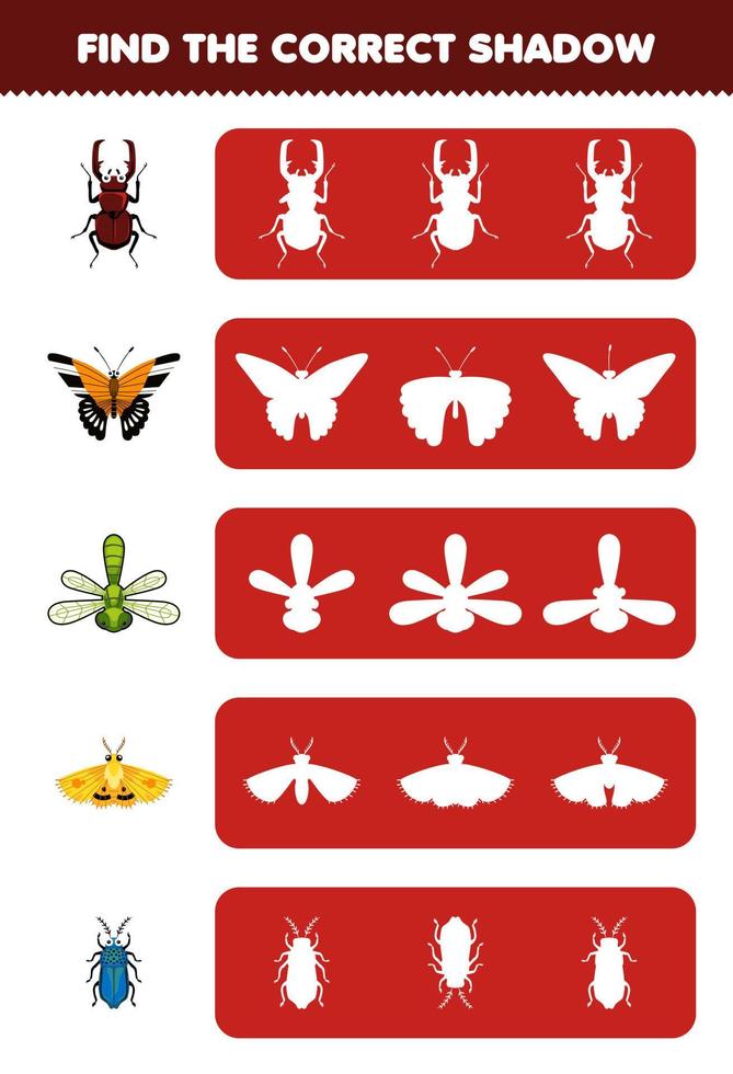 Bildungsspiel für Kinder Finden Sie die richtige Schattensilhouette des niedlichen Cartoon-Käfer-Schmetterlings-Libelle-Mottenkäfer-Druckbares Fehler-Arbeitsblatt vektor