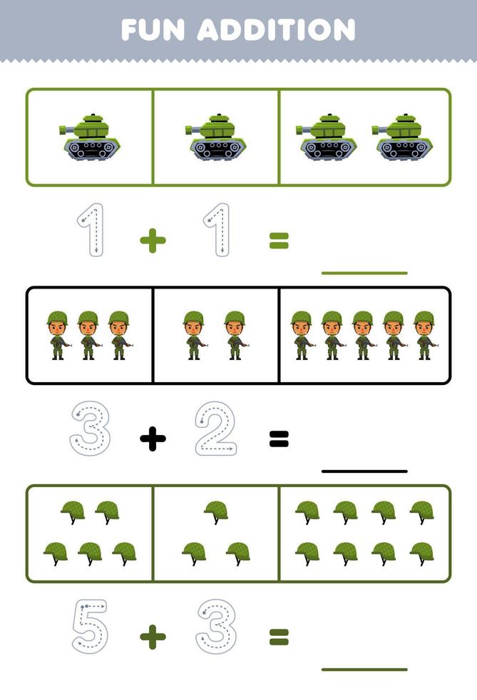 utbildning spel för barn roligt tillägg förbi räkning och spårande de siffra av söt tecknad serie tank armén roder tryckbar yrke kalkylblad vektor