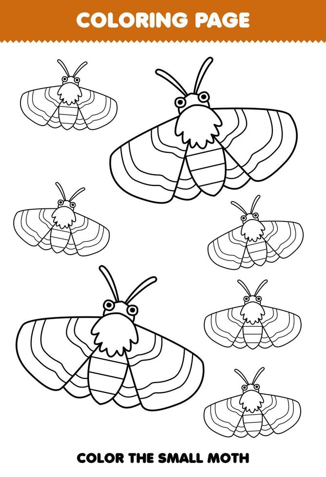 Bildungsspiel für Kinder zum Ausmalen Großes oder kleines Bild der niedlichen Cartoon-Motte Strichzeichnungen druckbares Fehler-Arbeitsblatt vektor