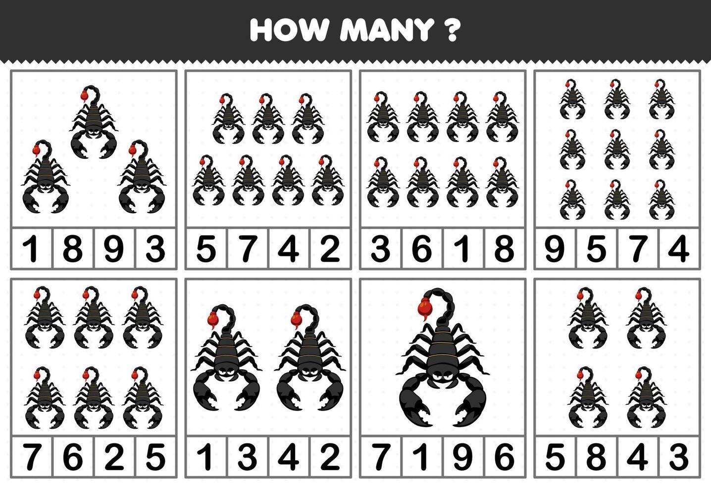 Lernspiel für Kinder, die zählen, wie viele niedliche Cartoon-Skorpione in jeder Tabelle ein druckbares Fehler-Arbeitsblatt enthalten vektor