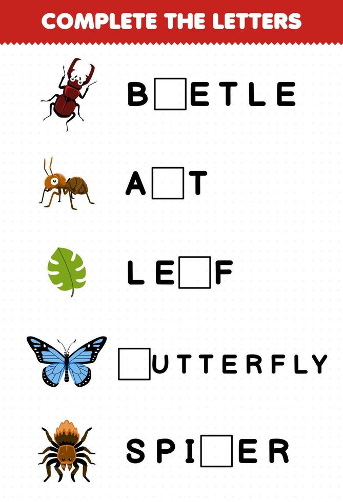 utbildning spel för barn komplett de brev från söt tecknad serie skalbagge myra blad fjäril Spindel tryckbar insekt kalkylblad vektor