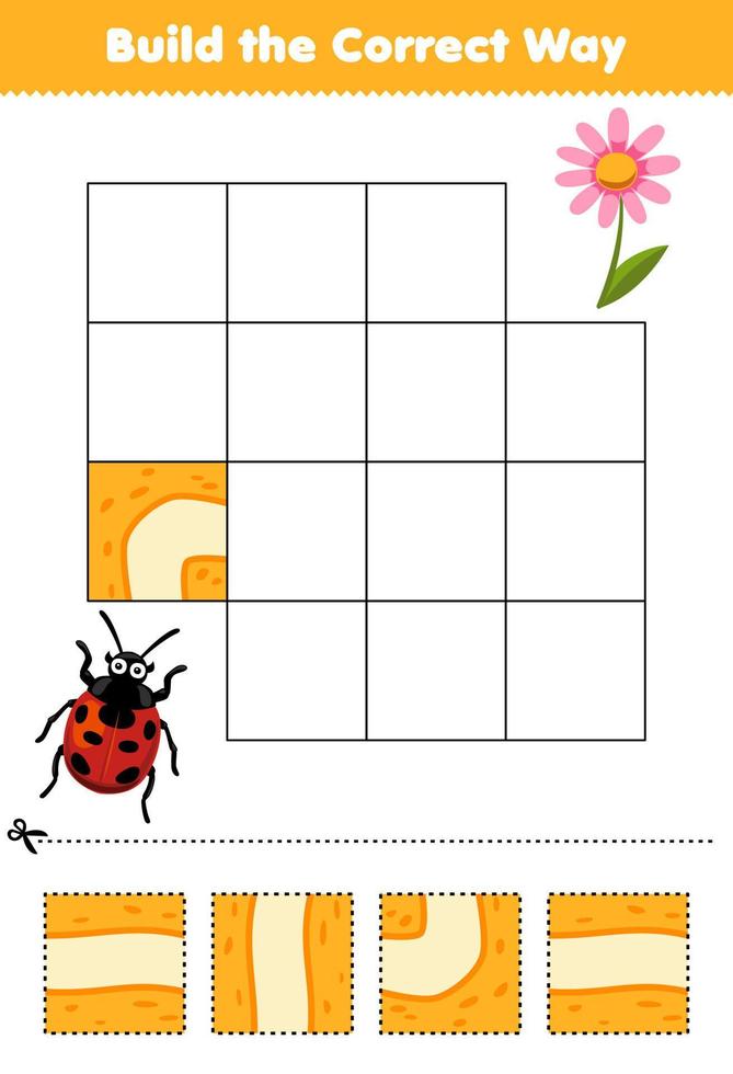 utbildning spel för barn bygga de korrekt sätt hjälp söt tecknad serie nyckelpiga flytta till blomma tryckbar insekt kalkylblad vektor