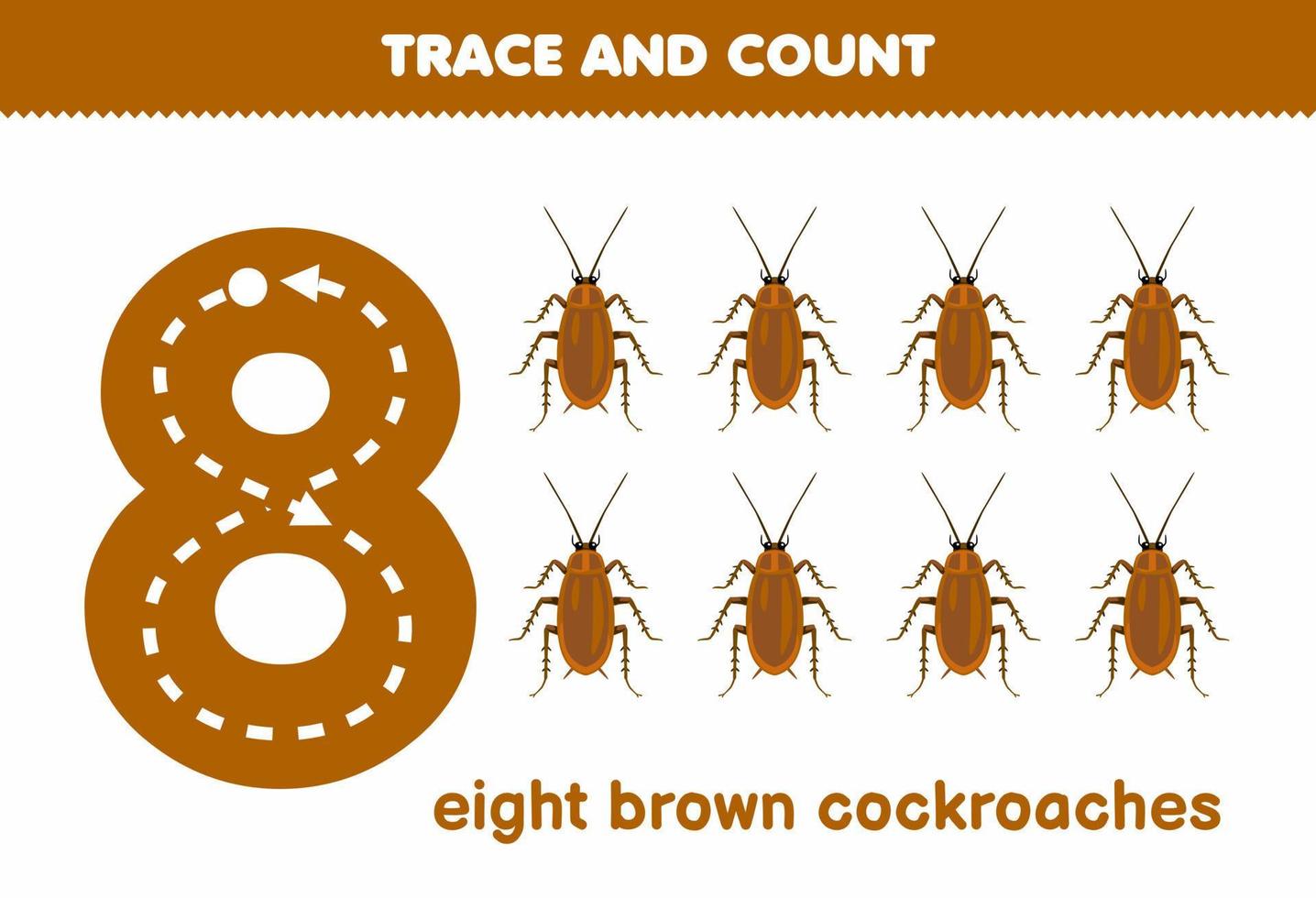 Bildungsspiel für Kinder Spaß beim Zählen von acht braunen Kakerlaken druckbares Fehler-Arbeitsblatt vektor