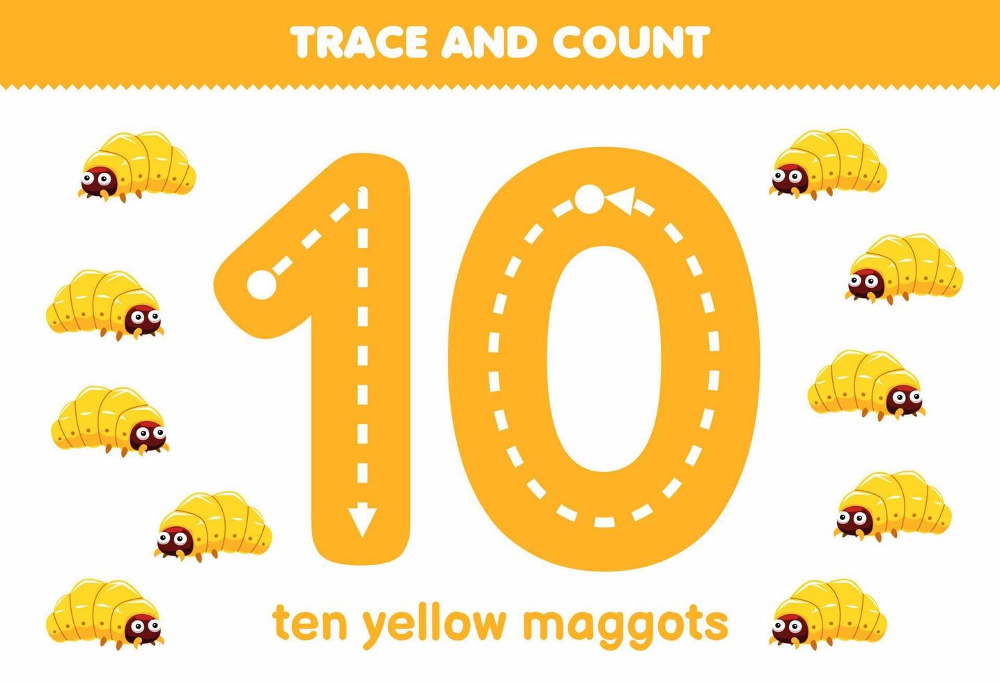 Bildungsspiel für Kinder Spaß beim Zählen von zehn gelben Maden druckbares Fehler-Arbeitsblatt vektor