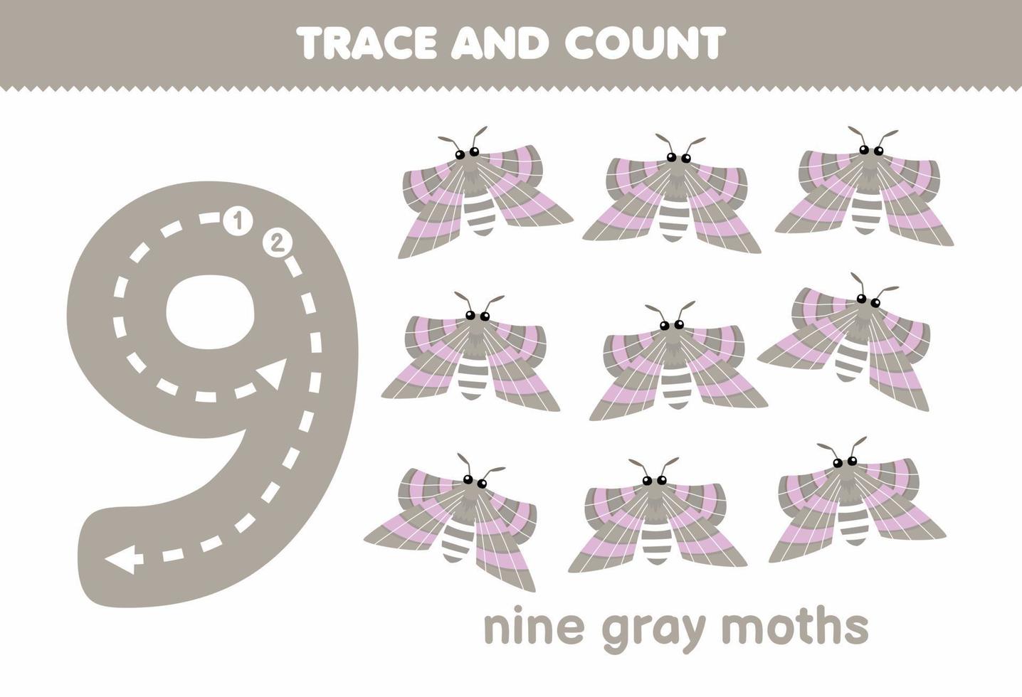 Lernspiel für Kinder, Spaß beim Zählen von neun grauen Motten, druckbares Fehler-Arbeitsblatt vektor