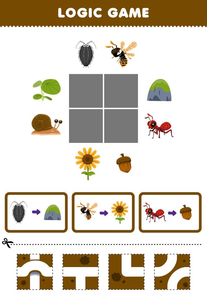 Bildungsspiel für Kinder Logikrätsel Bauen Sie die Straße für Laus Biene Ameise Bewegen Sie sich zu Stein Sonnenblume und Nuss Fehler Arbeitsblatt zum Ausdrucken vektor