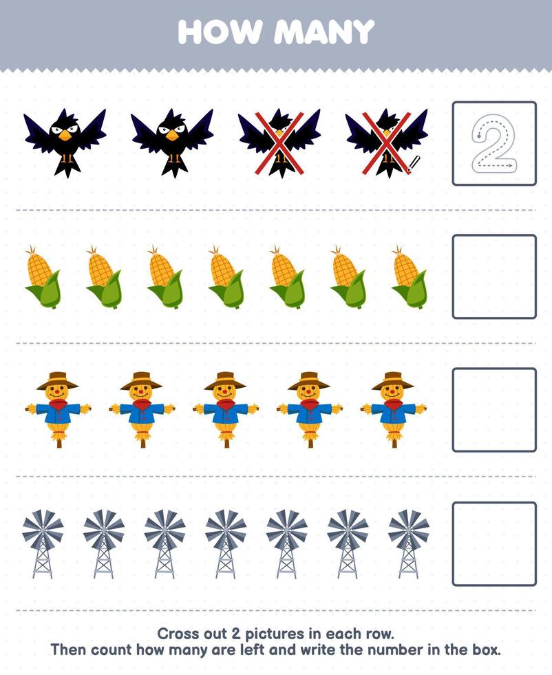 utbildning spel för barn räkna på vilket sätt många söt tecknad serie kråka majs scarecrow väderkvarn och skriva de siffra i de låda tryckbar bruka kalkylblad vektor