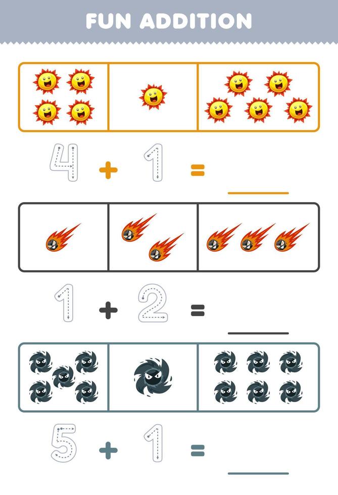 Bildungsspiel für Kinder Spaßzusatz durch Zählen und Verfolgen der Anzahl der niedlichen Cartoon-Sonne-Kometen-Schwarzes-Loch-Druckbares Sonnensystem-Arbeitsblatt vektor