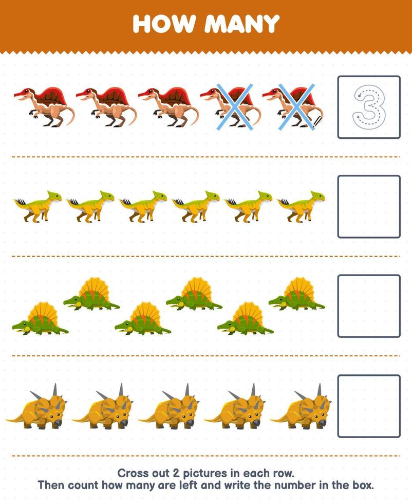 Bildungsspiel für Kinder Zählen Sie, wie viele niedliche Cartoon-Spinnosaurus Leptoceratops Dimetrodon Xenoceratops und schreiben Sie die Zahl in das Feld Arbeitsblatt für prähistorische Dinosaurier zum Ausdrucken vektor
