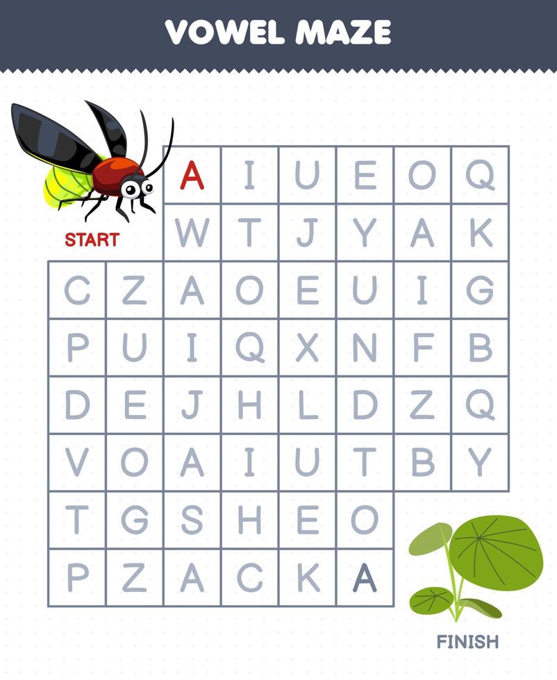 Lernspiel für Kinder Vokallabyrinth Helfen Sie dem niedlichen Cartoon-Glühwürmchen, sich zu bewegen, um das druckbare Fehler-Arbeitsblatt zu pflanzen vektor