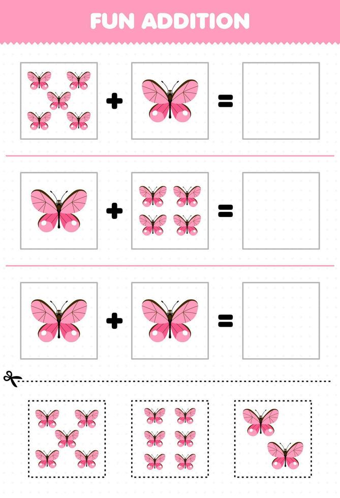utbildning spel för barn roligt tillägg förbi skära och match av söt tecknad serie fjäril bilder för tryckbar insekt kalkylblad vektor