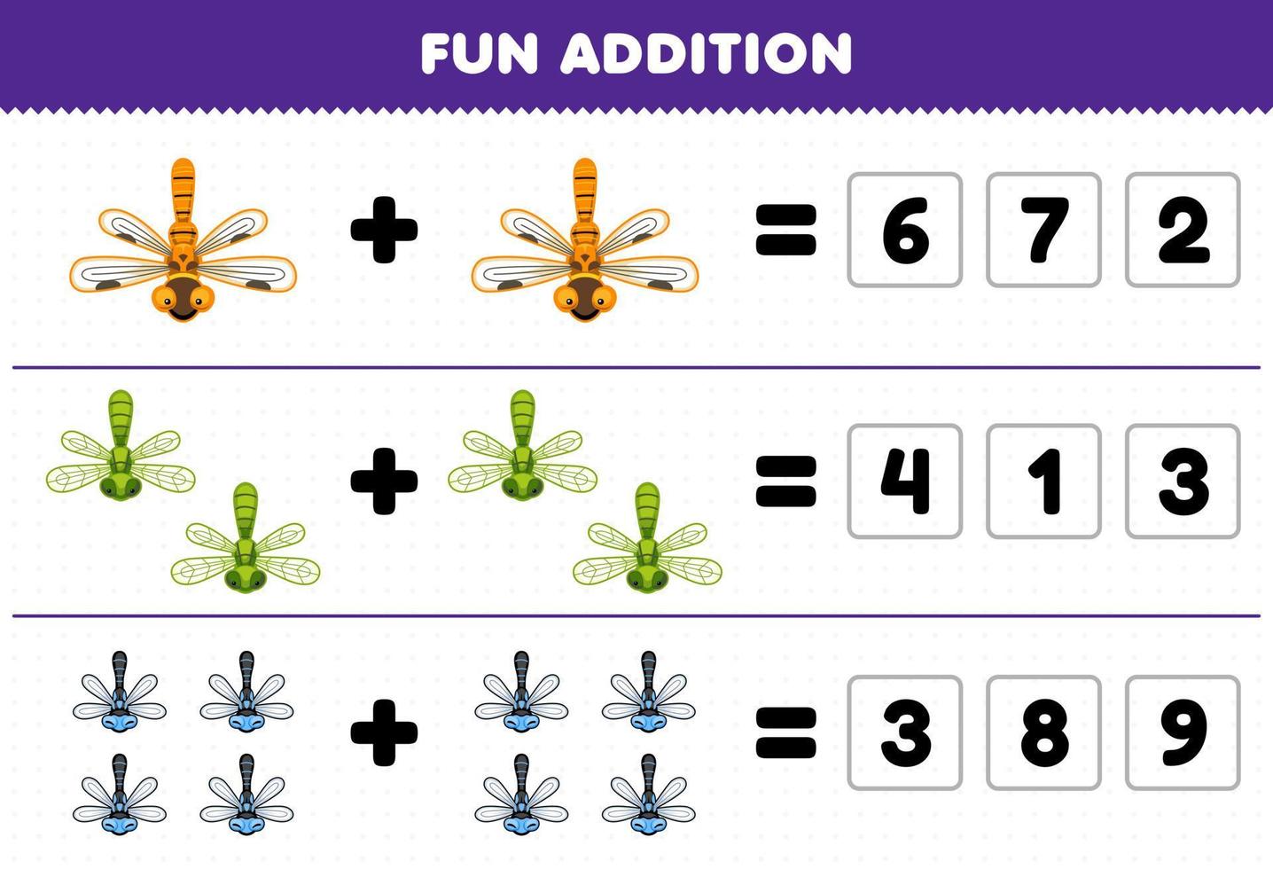 utbildning spel för barn roligt tillägg förbi gissa de korrekt siffra av söt tecknad serie trollslända tryckbar insekt kalkylblad vektor