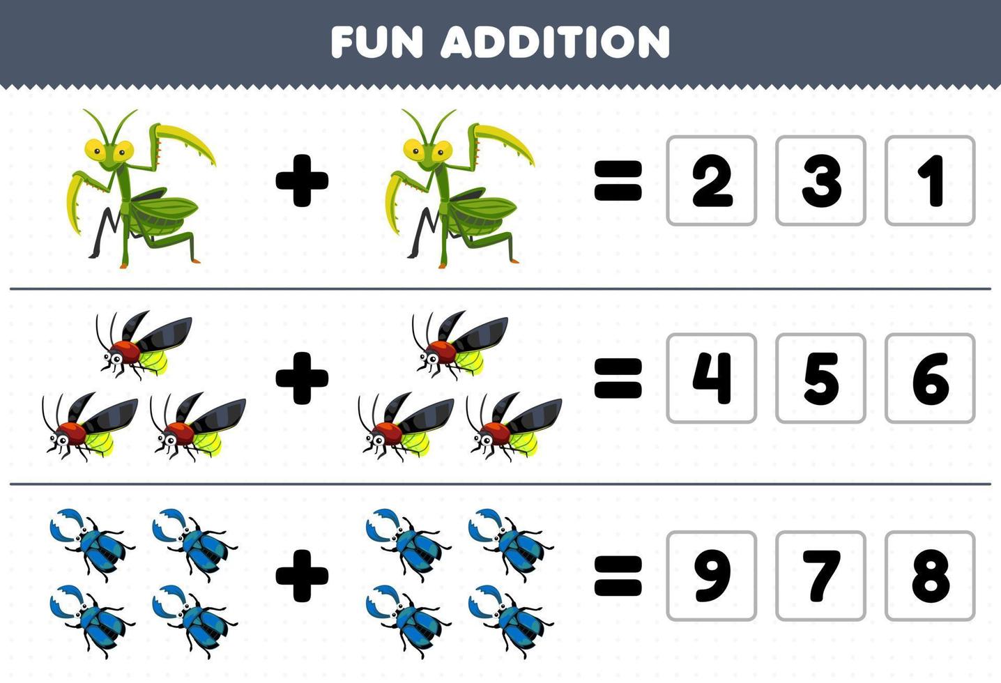Bildungsspiel für Kinder, Spaß, Addition durch Erraten der richtigen Anzahl von niedlichen Cartoon-Glühwürmchenkäfern zum Ausdrucken vektor